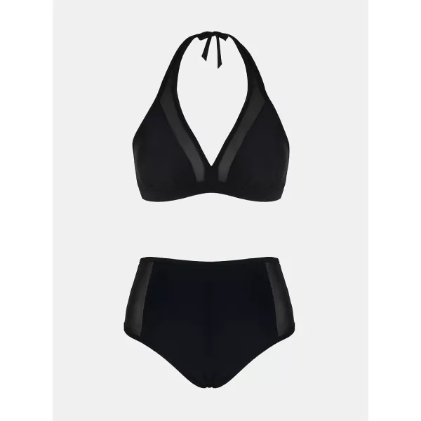 imageCUPSHE Womens Plus Size Swimsuit Two Piece High Waisted Mesh Halter Bikini Set with Back HookBlack