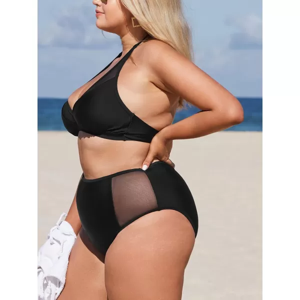 imageCUPSHE Womens Plus Size Swimsuit Two Piece High Waisted Mesh Halter Bikini Set with Back HookBlack