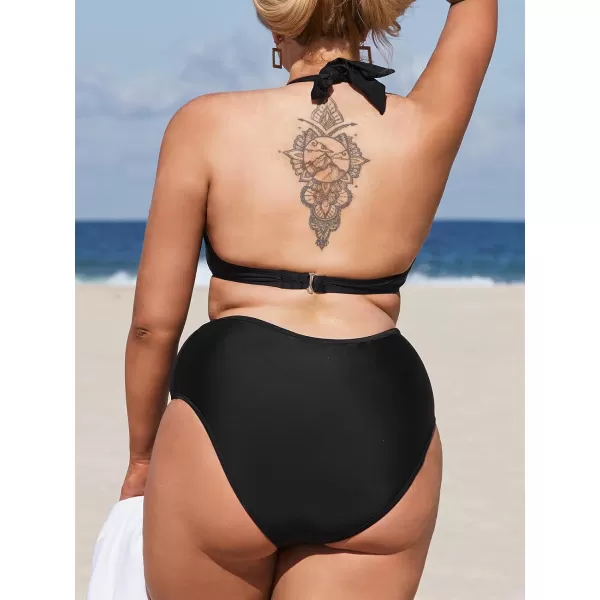 imageCUPSHE Womens Plus Size Swimsuit Two Piece High Waisted Mesh Halter Bikini Set with Back HookBlack