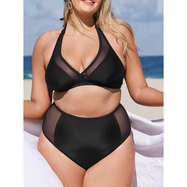 imageCUPSHE Womens Plus Size Swimsuit Two Piece High Waisted Mesh Halter Bikini Set with Back HookBlack
