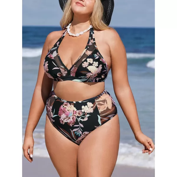 imageCUPSHE Womens Plus Size Swimsuit Two Piece High Waisted Mesh Halter Bikini Set with Back HookBlack Tropical Print