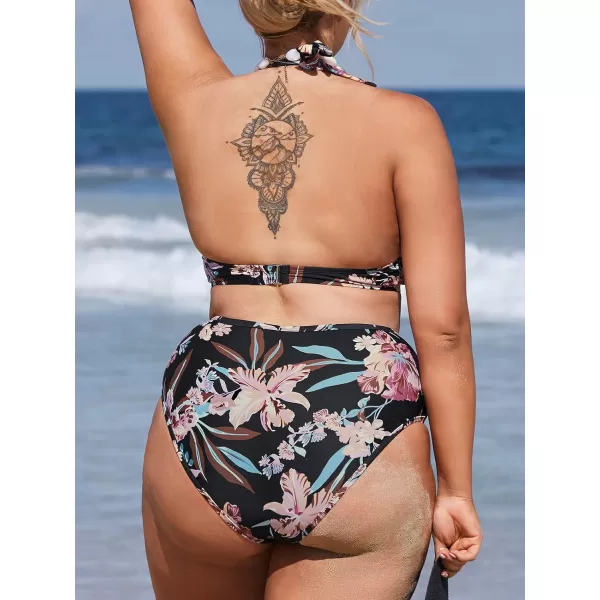 imageCUPSHE Womens Plus Size Swimsuit Two Piece High Waisted Mesh Halter Bikini Set with Back HookBlack Tropical Print