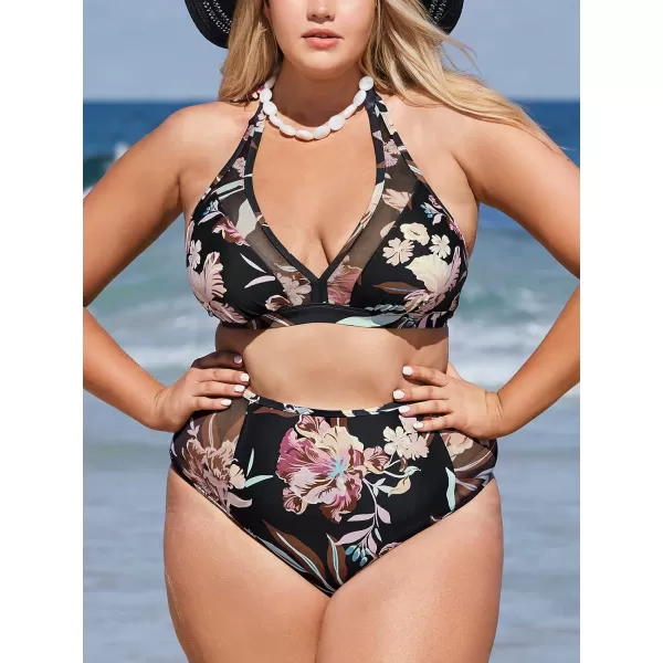 imageCUPSHE Womens Plus Size Swimsuit Two Piece High Waisted Mesh Halter Bikini Set with Back HookBlack Tropical Print