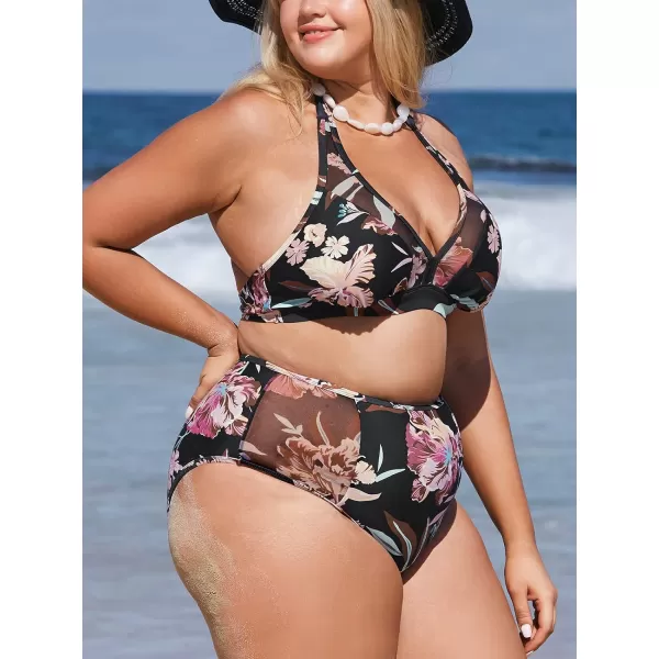 imageCUPSHE Womens Plus Size Swimsuit Two Piece High Waisted Mesh Halter Bikini Set with Back HookBlack Tropical Print