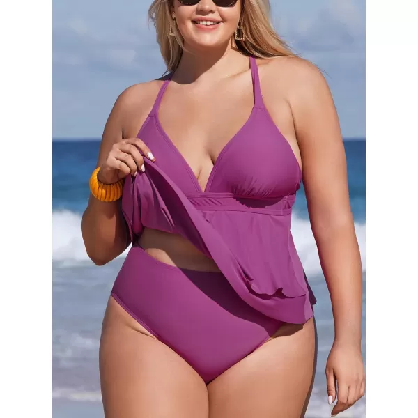 imageCUPSHE Womens Plus Size Tankini Set V Neck Swimsuit Crisscross Back Tie Tiered Flounce HemMagenta