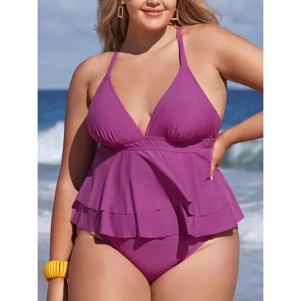 imageCUPSHE Womens Plus Size Tankini Set V Neck Swimsuit Crisscross Back Tie Tiered Flounce HemMagenta