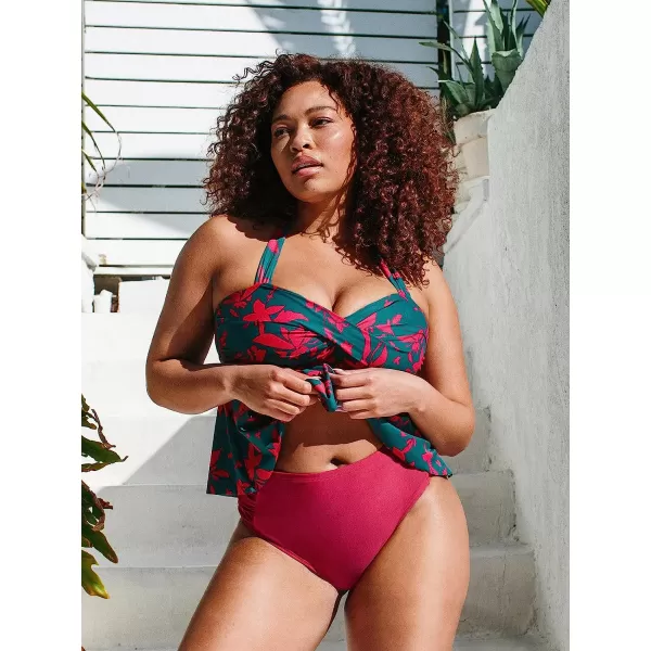 imageCUPSHE Womens Plus Size Tankini Swimsuit Tummy Control Twist Ruffle Floral Bathing SuitMulticoloured