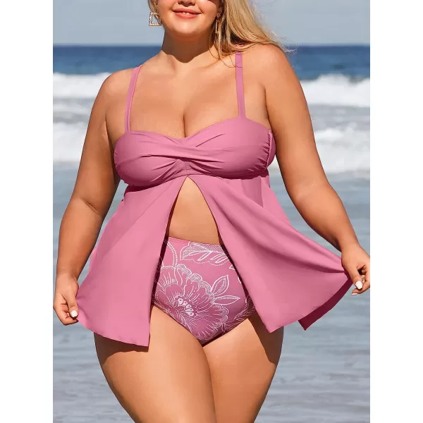 imageCUPSHE Womens Plus Size Tankini Swimsuits Two Piece Bathing Suit Ruffle Hem Adjustable Straps Floral PrintPink