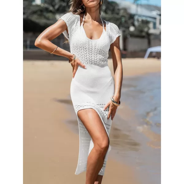 imageCUPSHE Womens Pointelle Knit Bodycon Cover Up Dress Short Sleeve Side Slit Beach Maxi DressWhite