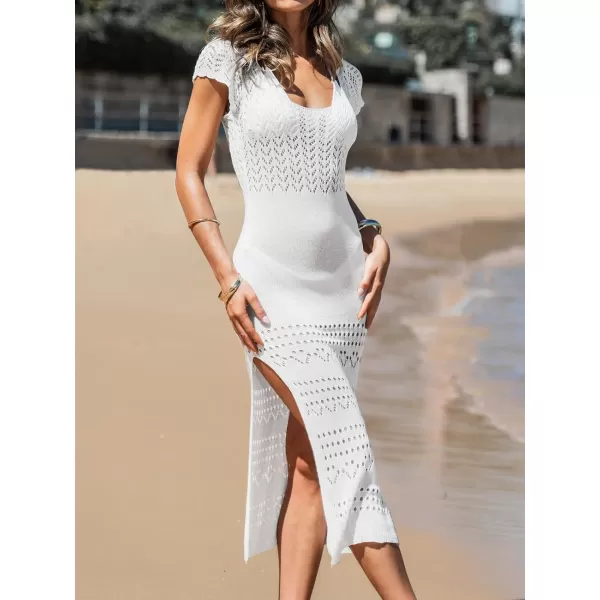 imageCUPSHE Womens Pointelle Knit Bodycon Cover Up Dress Short Sleeve Side Slit Beach Maxi DressWhite