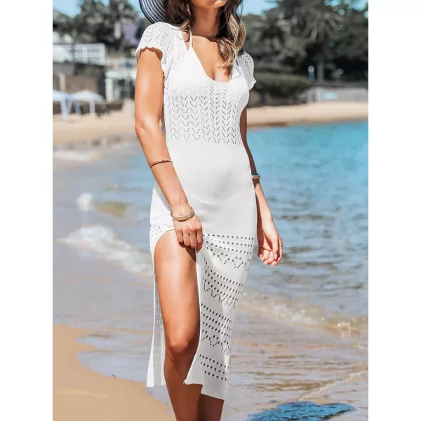 imageCUPSHE Womens Pointelle Knit Bodycon Cover Up Dress Short Sleeve Side Slit Beach Maxi DressWhite