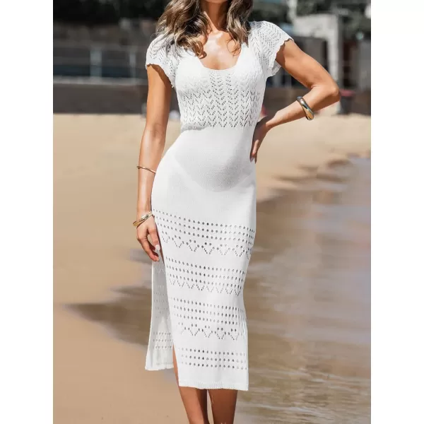 imageCUPSHE Womens Pointelle Knit Bodycon Cover Up Dress Short Sleeve Side Slit Beach Maxi DressWhite