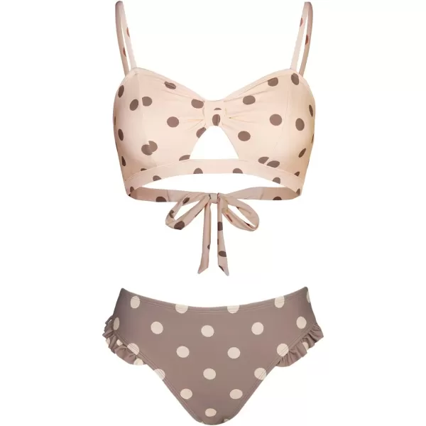 imageCUPSHE Womens Polka Dot Cutout Ruffles Back Hook Closure Bikini SetsCoffee Brown