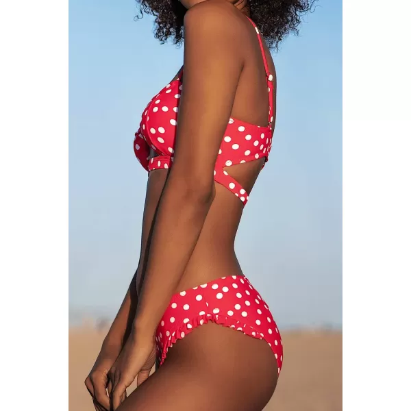 imageCUPSHE Womens Polka Dot Cutout Ruffles Back Hook Closure Bikini SetsRed