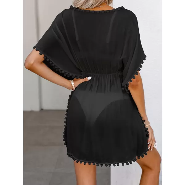 imageCUPSHE Womens Pom Pom Tassel Swim Beach Cover Up Cap Sleeve Scoop Neck Beach DressBlack
