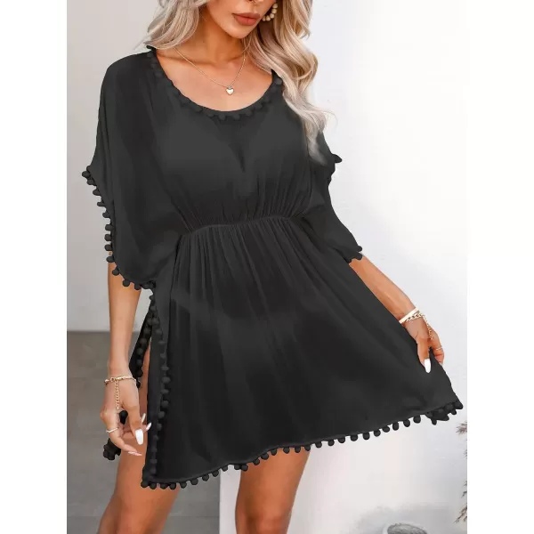 imageCUPSHE Womens Pom Pom Tassel Swim Beach Cover Up Cap Sleeve Scoop Neck Beach DressBlack