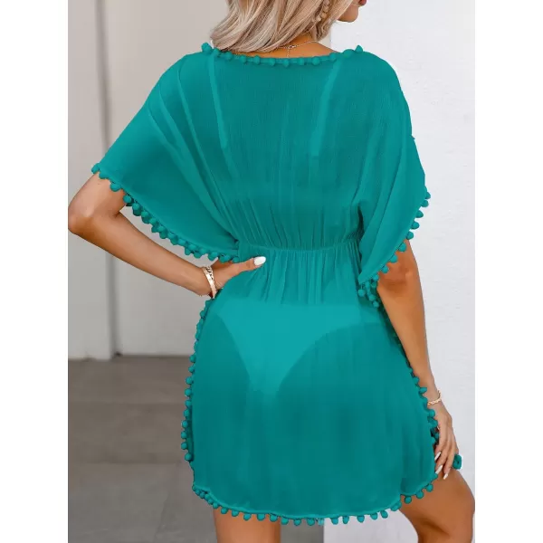 imageCUPSHE Womens Pom Pom Tassel Swim Beach Cover Up Cap Sleeve Scoop Neck Beach DressTurquoise