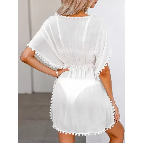 imageCUPSHE Womens Pom Pom Tassel Swim Beach Cover Up Cap Sleeve Scoop Neck Beach DressWhite