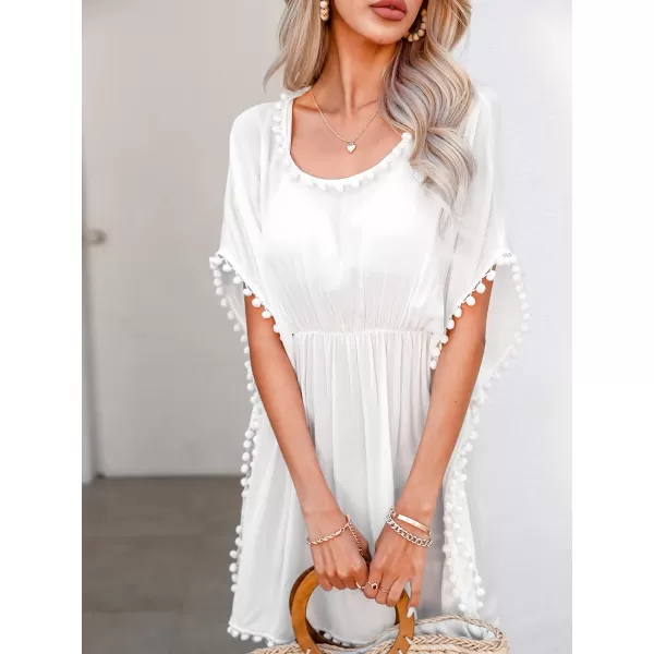imageCUPSHE Womens Pom Pom Tassel Swim Beach Cover Up Cap Sleeve Scoop Neck Beach DressWhite