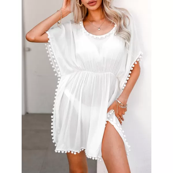 imageCUPSHE Womens Pom Pom Tassel Swim Beach Cover Up Cap Sleeve Scoop Neck Beach DressWhite