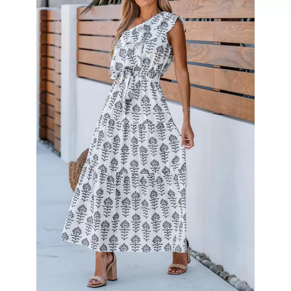 imageCUPSHE Womens Print Ruffled OneShoulder Dress Summer Maxi Dress with Selftie Sash BeltWhite Foral