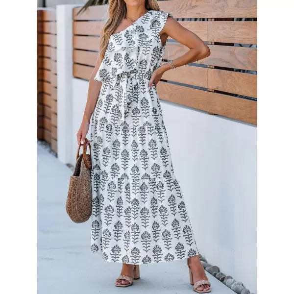 imageCUPSHE Womens Print Ruffled OneShoulder Dress Summer Maxi Dress with Selftie Sash BeltWhite Foral