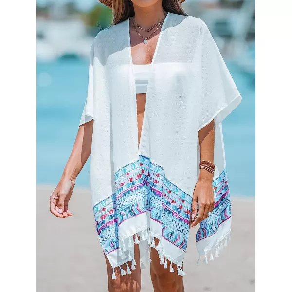 imageCUPSHE Womens Print Tassel Trim CoverUp Kimono Midi Beachwear with Short Dolman SleevesWhite
