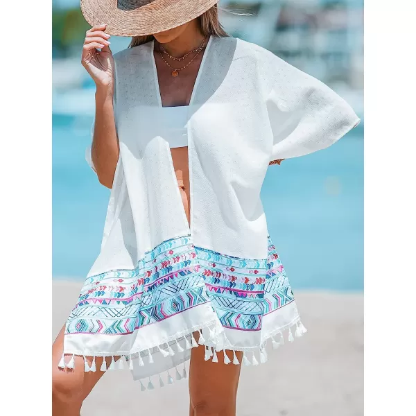 imageCUPSHE Womens Print Tassel Trim CoverUp Kimono Midi Beachwear with Short Dolman SleevesWhite