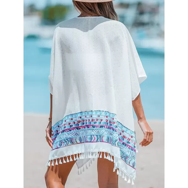 imageCUPSHE Womens Print Tassel Trim CoverUp Kimono Midi Beachwear with Short Dolman SleevesWhite