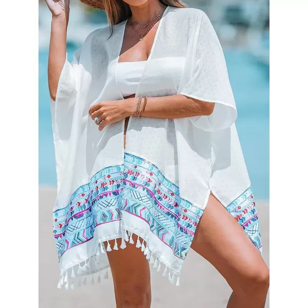 imageCUPSHE Womens Print Tassel Trim CoverUp Kimono Midi Beachwear with Short Dolman SleevesWhite