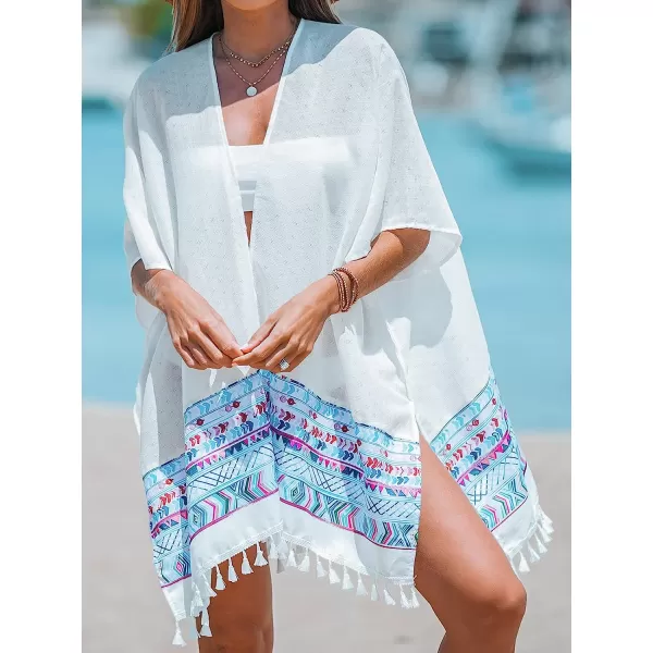 imageCUPSHE Womens Print Tassel Trim CoverUp Kimono Midi Beachwear with Short Dolman SleevesWhite
