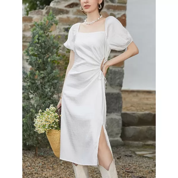 imageCUPSHE Womens Puff Sleeve Wedding Dress Square Neck Cutout Waist Tie Split Hem Midi Casual DressesWhite