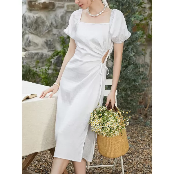 imageCUPSHE Womens Puff Sleeve Wedding Dress Square Neck Cutout Waist Tie Split Hem Midi Casual DressesWhite