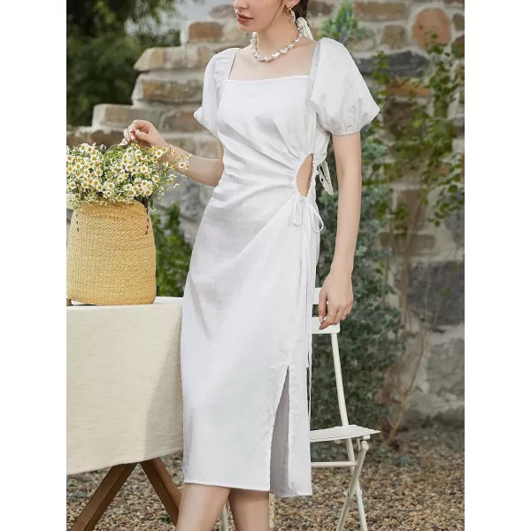 imageCUPSHE Womens Puff Sleeve Wedding Dress Square Neck Cutout Waist Tie Split Hem Midi Casual DressesWhite