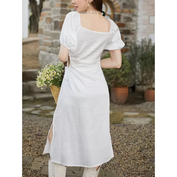 imageCUPSHE Womens Puff Sleeve Wedding Dress Square Neck Cutout Waist Tie Split Hem Midi Casual DressesWhite