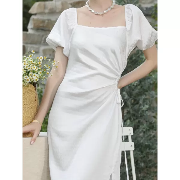 imageCUPSHE Womens Puff Sleeve Wedding Dress Square Neck Cutout Waist Tie Split Hem Midi Casual DressesWhite