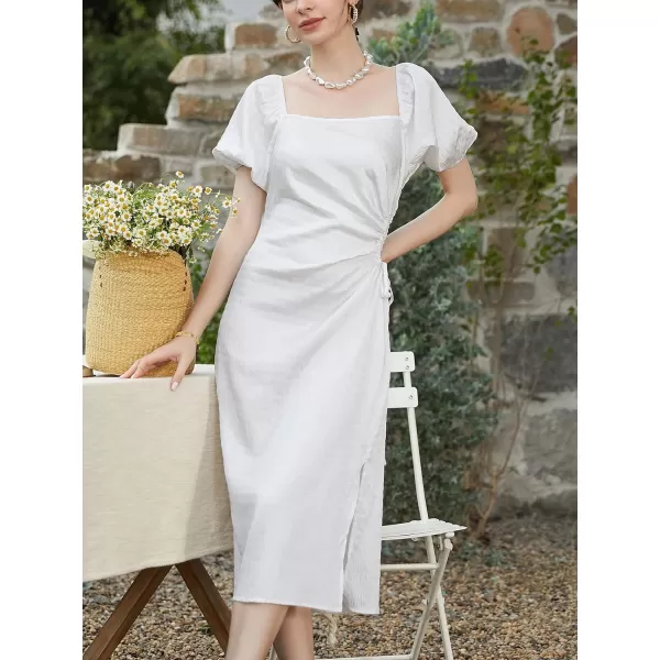 imageCUPSHE Womens Puff Sleeve Wedding Dress Square Neck Cutout Waist Tie Split Hem Midi Casual DressesWhite