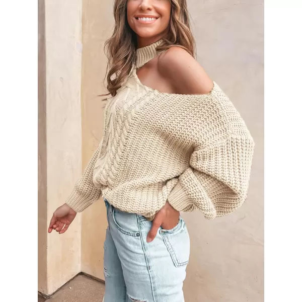 imageCUPSHE Womens Pullover Sweater Mock Neck One Shoulder Long Sleeve Causal Top JumperBeige