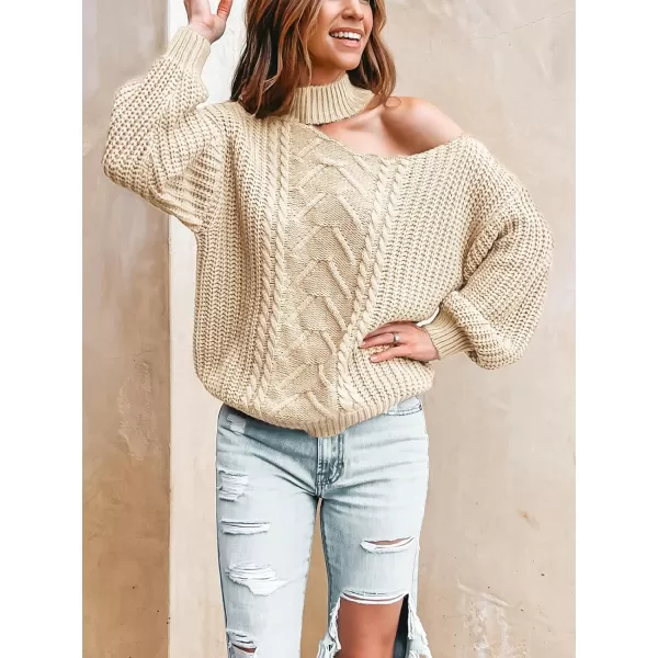 imageCUPSHE Womens Pullover Sweater Mock Neck One Shoulder Long Sleeve Causal Top JumperBeige