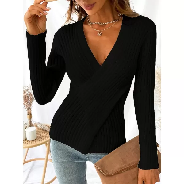 imageCUPSHE Womens Pullover Sweater Solid Casual Knit Surplice Wrap Long Sleeve Fall Winter Jumper TopsBlack
