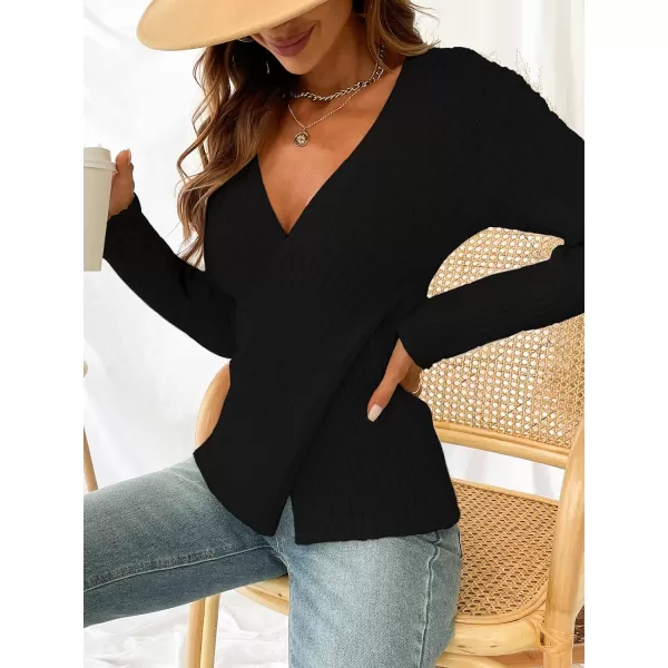 imageCUPSHE Womens Pullover Sweater Solid Casual Knit Surplice Wrap Long Sleeve Fall Winter Jumper TopsBlack