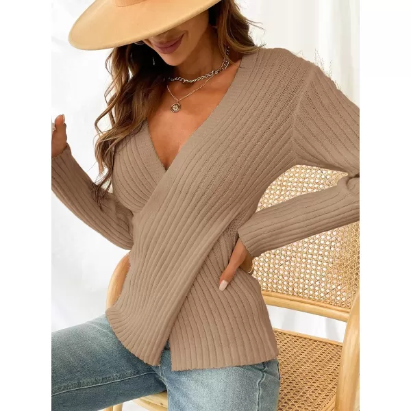 imageCUPSHE Womens Pullover Sweater Solid Casual Knit Surplice Wrap Long Sleeve Fall Winter Jumper TopsBrown