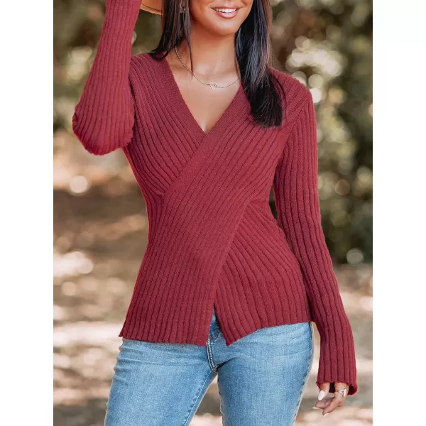 imageCUPSHE Womens Pullover Sweater Solid Casual Knit Surplice Wrap Long Sleeve Fall Winter Jumper TopsBurgundy