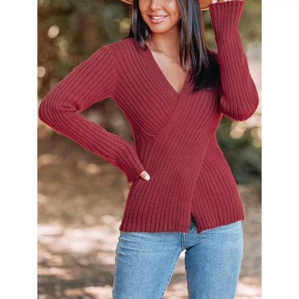 imageCUPSHE Womens Pullover Sweater Solid Casual Knit Surplice Wrap Long Sleeve Fall Winter Jumper TopsBurgundy