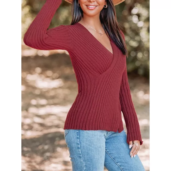 imageCUPSHE Womens Pullover Sweater Solid Casual Knit Surplice Wrap Long Sleeve Fall Winter Jumper TopsBurgundy