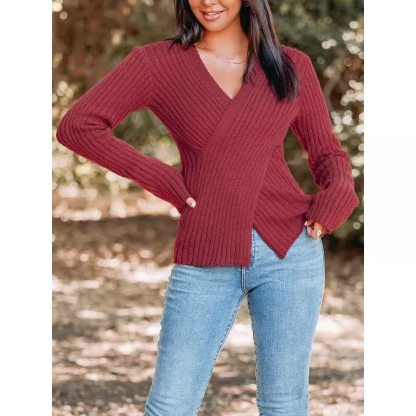 imageCUPSHE Womens Pullover Sweater Solid Casual Knit Surplice Wrap Long Sleeve Fall Winter Jumper TopsBurgundy