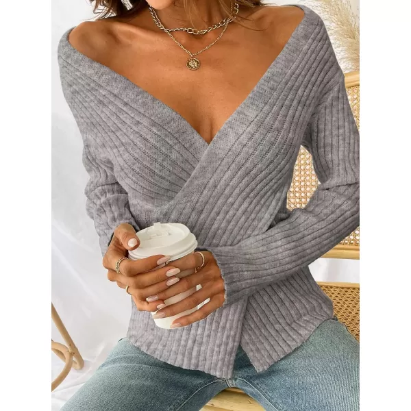 imageCUPSHE Womens Pullover Sweater Solid Casual Knit Surplice Wrap Long Sleeve Fall Winter Jumper TopsGrey