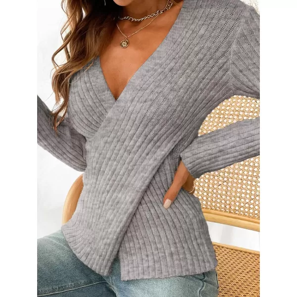 imageCUPSHE Womens Pullover Sweater Solid Casual Knit Surplice Wrap Long Sleeve Fall Winter Jumper TopsGrey
