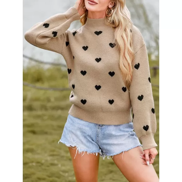 imageCUPSHE Womens Pullover Sweaters Long Sleeve Mock Neck Ribbed Knit Jumper Tops Warm Heart PrintBrown