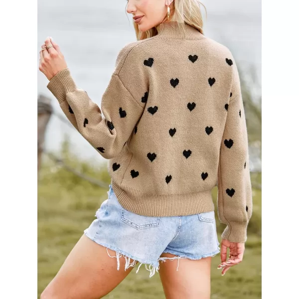 imageCUPSHE Womens Pullover Sweaters Long Sleeve Mock Neck Ribbed Knit Jumper Tops Warm Heart PrintBrown